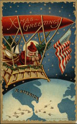 Christmas Greeting - Santa Flying over North America Postcard