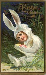 Easter Gladness - Child Dressed as White Rabbit holding Colored Eggs Easter Gladness - Child Dressed as White Rabbit holding Colored Eggs