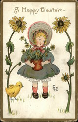 A Happy Easter with Young Girl, Sunflowers, and Baby Chick A Happy Easter with Young Girl, Sunflowers, and Baby Chick