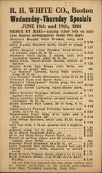 R. H. White Co., Boston. Wednesday - Thursday specials. June 18th and 19th, 1924. Postcard