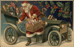 Santa Getting Out of Car with Basket Full of Toys Postcard