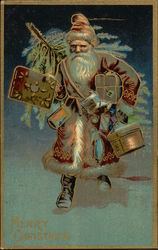 Merry Christmas - Santa Carrying Packages andTree Postcard