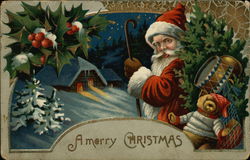 A Merry Christmas - Santa with Toys and Snow Scene Postcard