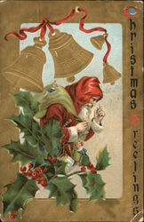 Christmas Greeting with Santa, Holly and Bells Postcard