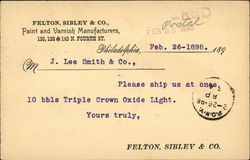 Felton, Sibley & Co., Paint and Varnish Manufacturers, 136, 138 & 140 N. Fourth St. Postcard