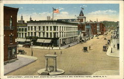 Castle Street, Looking West, Showing Miller Fountain and Kirkwood Hotel Postcard
