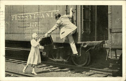 Easy Lavoris Aces - Woman Handing Suitcase To Man Hanging From Train Postcard
