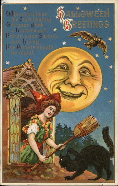 Witch with Broom, Man in the Moon, Owl, Black Cat Halloween