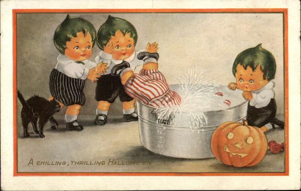 Children Bobbing for Apples with Pumpkin and Black Cat