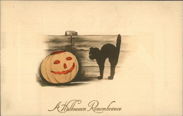 Black Cat and Pumpkin by Fence Halloween