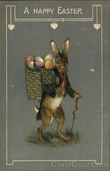 Easter Bunny Walking with Cane and Basket of Eggs With Bunnies