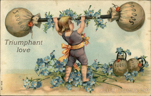 Triumphant love - Child lifting Weights, Blue Flowers Adorn