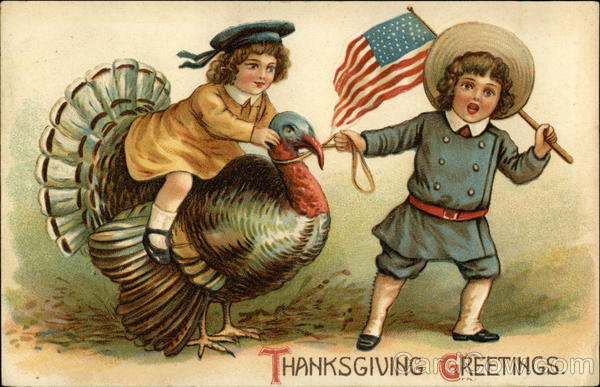 Thanksgiving Greetings. Boy with Flag and Girl on Turkey
