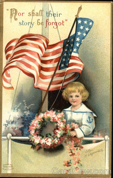 Child in Sailor Outfit with Flag and Wreath Patriotic