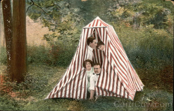 Two Couples in a Red and White Striped Tent