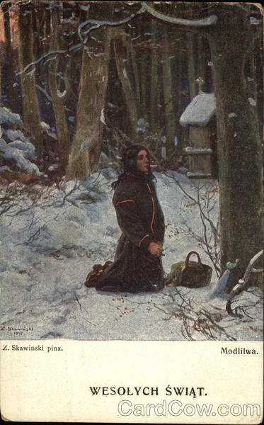 Woman Praying on Knees in Snowy Woods Z. Skawinski