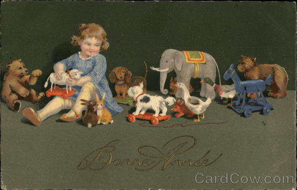 Little Girl with Pull Toys, Rabbits, Duck, and Teddy Bear