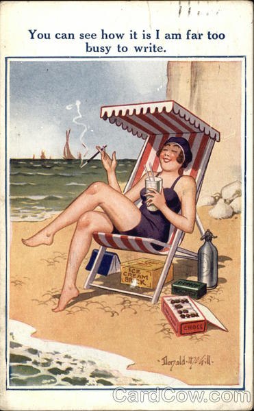 Woman Lounging on Beach with Candy, Drinks Swimsuits & Pinup