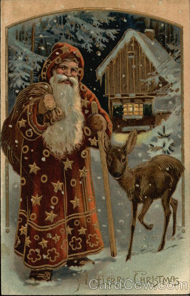 A Merry Christmas - Old Fashioned Santa and Deer Santa Claus Postcard