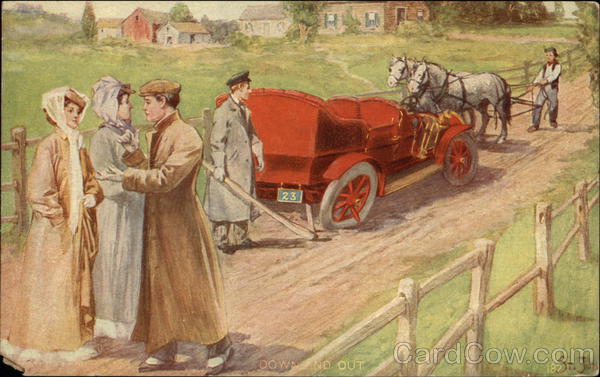 Carriage with Broken Wheel, People, Horses Cars