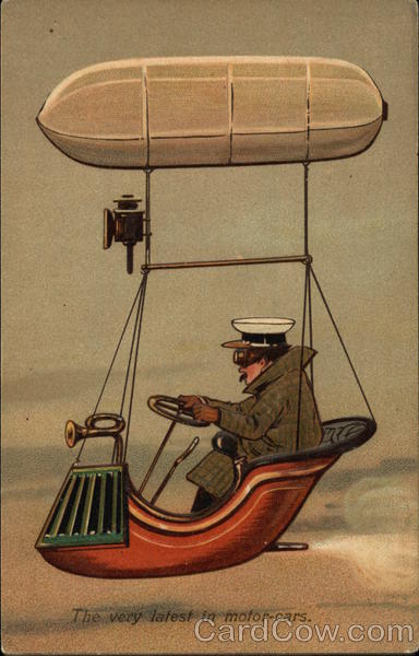 Man in Fantasy Dirigible Motor Car Aircraft