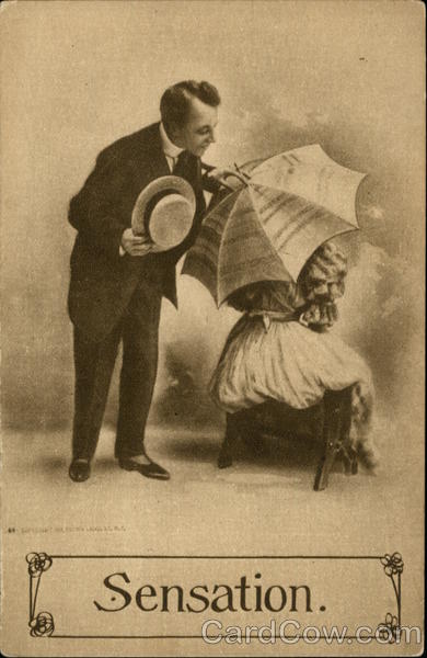 Demure Woman Hiding Under Umbrella While Gentleman Peeks