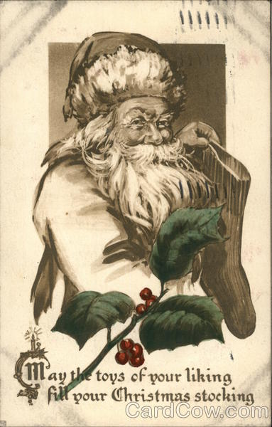 B&W Santa Holding Sock with Colored Holly Santa Claus