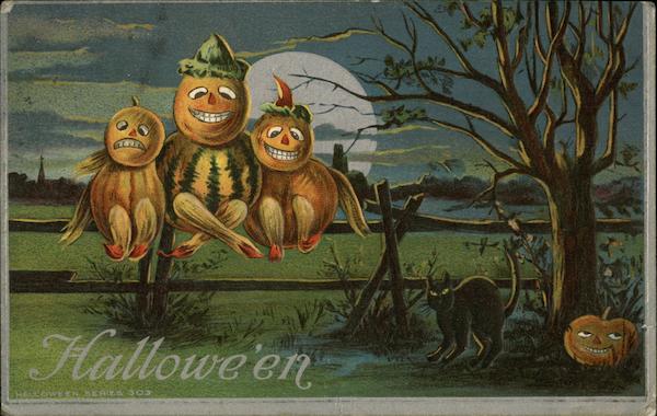 Pumpkin Creatures Sitting on a Fence at Night with Black Cat