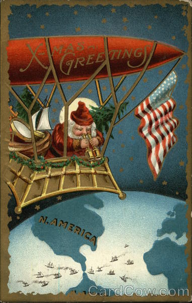 X-mas Greetings - N. America - Santa Flying in Vehicle - USA Flag