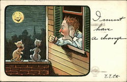 Man looking out Window at 2 Cats - I must have a change Postcard