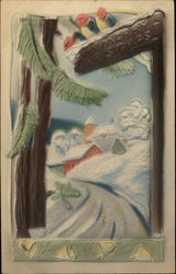 Snow Covered Scene with Birds and Church Christmas Postcard Postcard Postcard