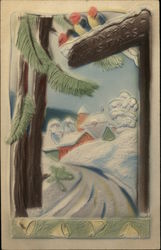 Snow Covered Scene with Birds and Church Postcard