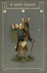Easter Bunny Walking with Cane and Basket of Eggs Postcard