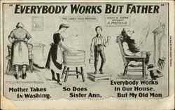 Family Members Doing Chores while Father Relaxes by Fire Postcard