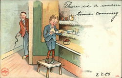 Boy Eating Pie in Pantry about to be Whipped Postcard