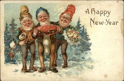 A Happy New Year - Gnomes with a Mushroom and Bouquet Postcard