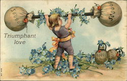 Triumphant love - Child lifting Weights, Blue Flowers Adorn Postcard