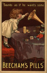 Little Girl Throwing Beecham's Pills into Phonograph Postcard