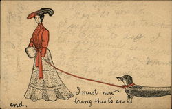 Woman walking Dachsund With Long Leash Woman walking Dachsund With Long Leash