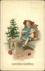 Christmas Greetings. - Small Decorated Tree and Young Girl with Doll Postcard
