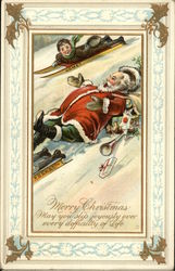 Santa Sledding with Boy and Toys Postcard