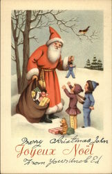 Santa Giving Toys to Children - Outside with Snow Postcard