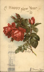 A Happy New Year - Red Flowers Postcard