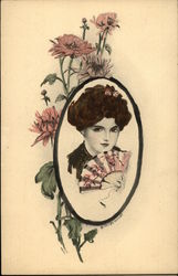 Woman with Fan, Flowers Postcard