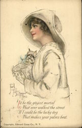 Woman in Large Hat Holding Dog Women Postcard Postcard Postcard