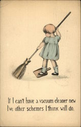 Little Girl Sweeping with Dustpan Under Foot Girls Postcard Postcard Postcard