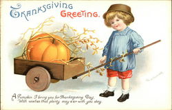 Child pulling pumpkin in wagon Children Postcard Postcard Postcard
