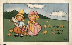 Wishing You a Happy Easter - Drawing of Children with Chicks and Basket With Children Postcard Postcard Postcard