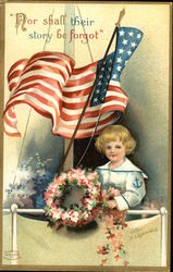 Child in Sailor Outfit with Flag and Wreath Postcard