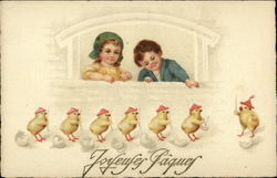 Children looking at anthropomorphic chicks in a Rank & File Line Children looking at anthropomorphic chicks in a Rank & File Line